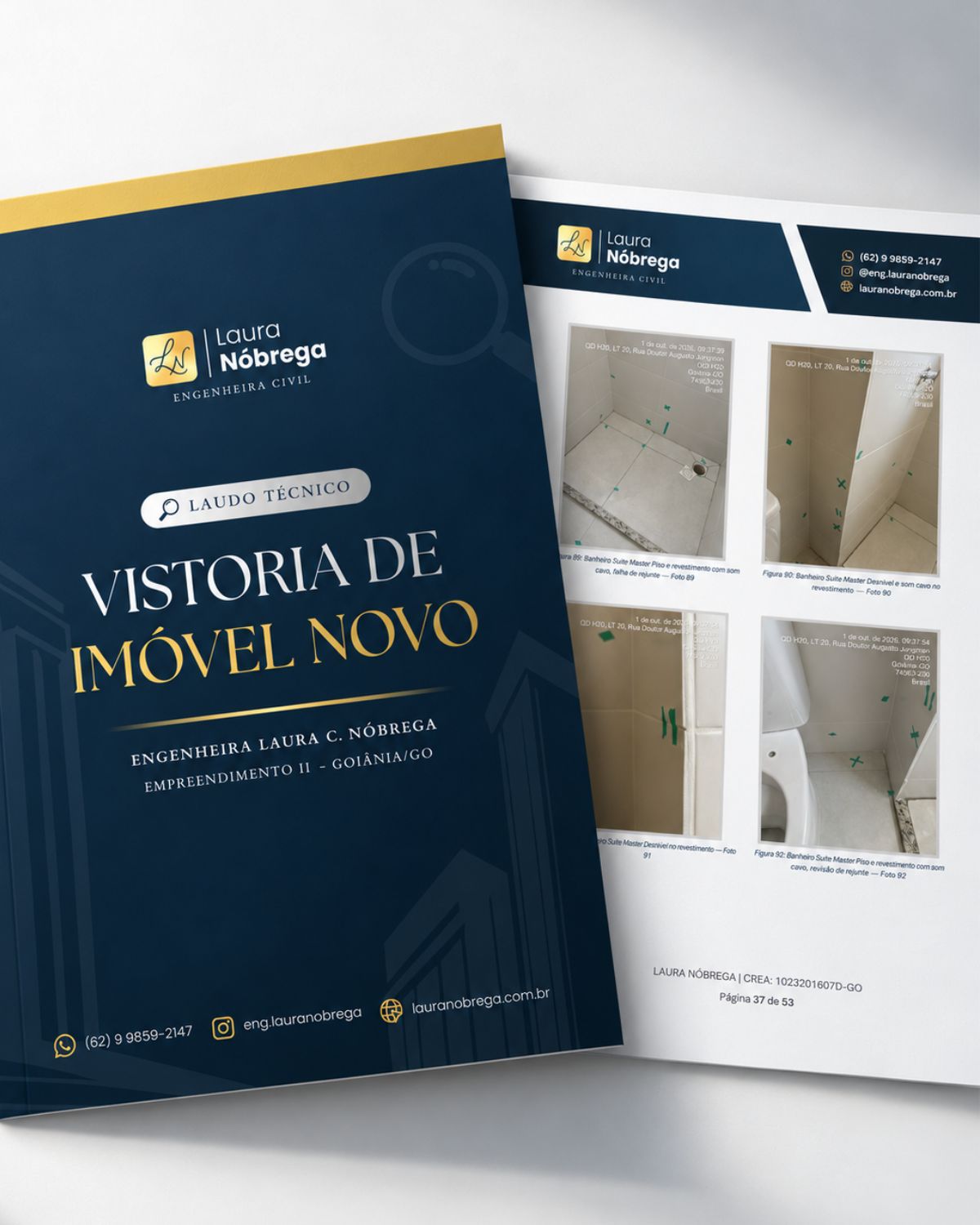 Laudo técnico de vistoria em formato de booklet: capa azul-marinho com o logotipo de Laura Nóbrega e uma página aberta com fotos de falhas anotadas